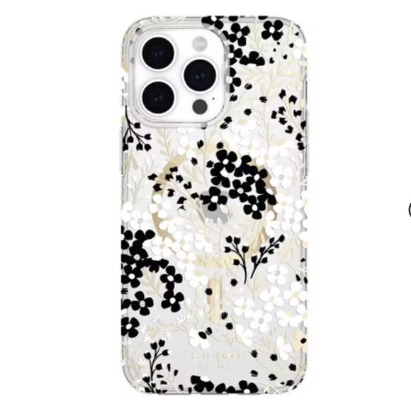 Kate Spade iPhone 15 Plus Protective Case MagSafe Black & White Floral Gems - Picture 1 of 7
